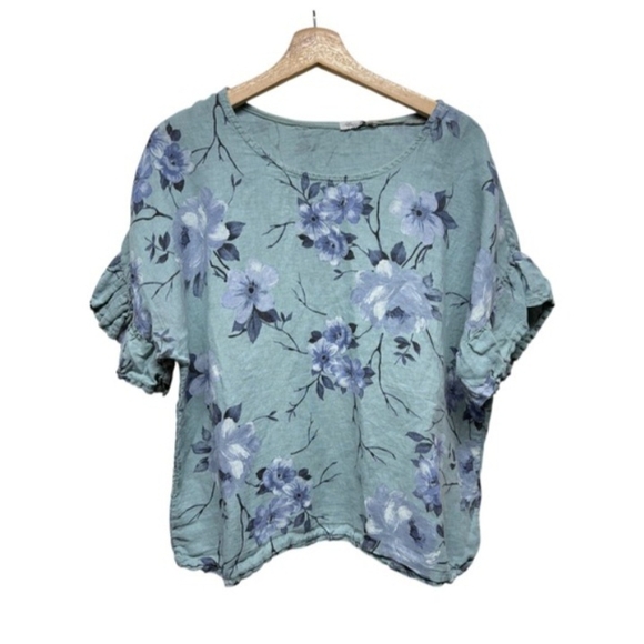 Elena Baldi Tops - Elena Baldi Short Sleeve Printed Linen Top